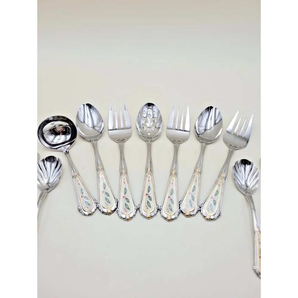 Lenox Holiday 18/8 Stainless Steel Serving Flatware Set of 11 Holly Gold Accent
